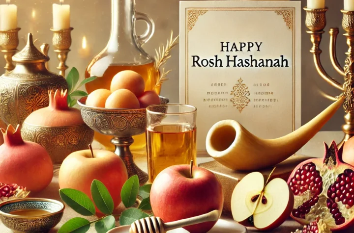 A Rosh Hashanah Greeting card with traditional apples, honey, and a shofar