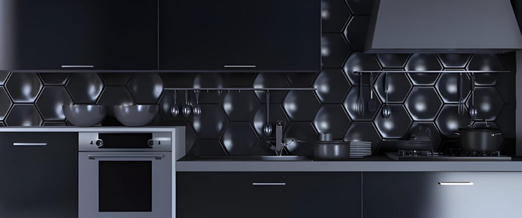 warm black wall paper for a modern kitchen