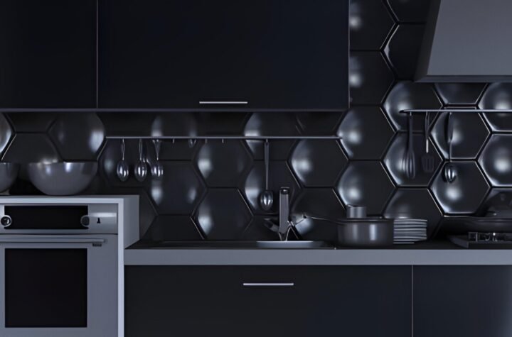 warm black wall paper for a modern kitchen