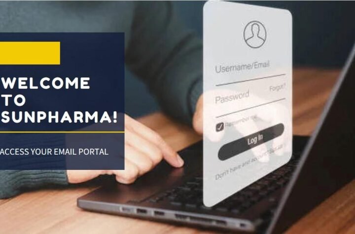 A person logging into a laptop with a SunPharma welcome message